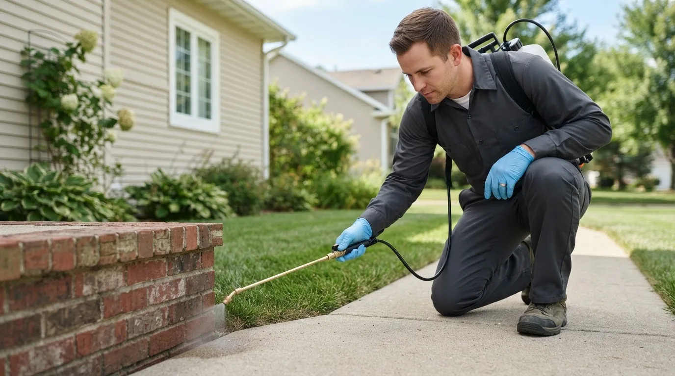 Pest control technician treating a home near Tolley, ND