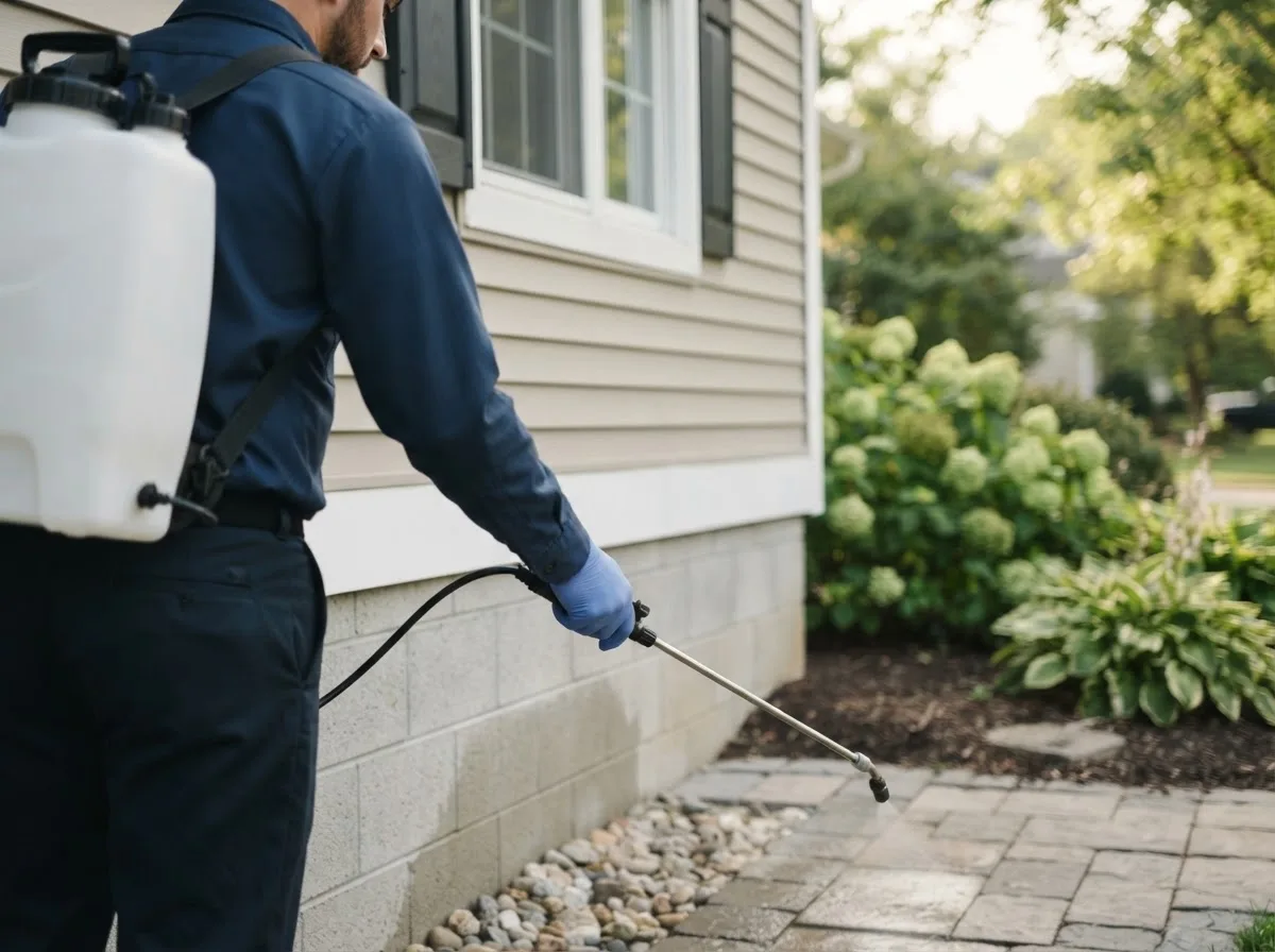 Pest control technician inspecting a home in Tolley, ND